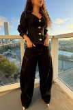 Black High Waist Pocket Casual Denim Wide Leg Jeans