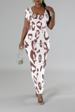 Off White Leopard Tiger Stripes Print O Neck Short Sleeve Casual Bodycon Maxi T-shirt Dress