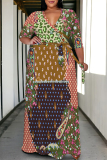 Black Graffiti Print V Neck 3/4 Sleeve Lace Up Casual Outing Plus Size Straight Loose Maxi Dresses