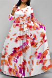 Brown Gradient Floral Print V Neck 3/4 Sleeve Lace Up Summer Outings Vacation Plus Size Loose Maxi Dress