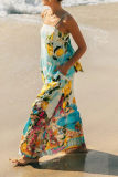Light Blue Fruit Print Sleeveless Square Neck Lace Up Vacation Loose Maxi Slip Dresses