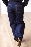 Dark Blue Mid Waist Casual Straight Wide Leg Denim Jeans