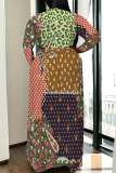 Black Graffiti Print V Neck 3/4 Sleeve Lace Up Casual Outing Plus Size Straight Loose Maxi Dresses