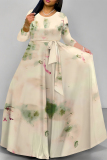 Brown Gradient Floral Print V Neck 3/4 Sleeve Lace Up Summer Outings Vacation Plus Size Loose Maxi Dress