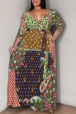 Black Graffiti Print V Neck 3/4 Sleeve Lace Up Casual Outing Plus Size Straight Loose Maxi Dresses