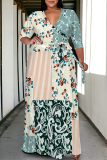 Black Graffiti Print V Neck 3/4 Sleeve Lace Up Casual Outing Plus Size Straight Loose Maxi Dresses