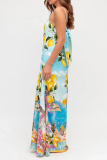 Light Blue Fruit Print Sleeveless Square Neck Lace Up Vacation Loose Maxi Slip Dresses