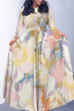 Brown Gradient Floral Print V Neck 3/4 Sleeve Lace Up Summer Outings Vacation Plus Size Loose Maxi Dress