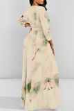 Brown Gradient Floral Print V Neck 3/4 Sleeve Lace Up Summer Outings Vacation Plus Size Loose Maxi Dress