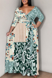 Black Graffiti Print V Neck 3/4 Sleeve Lace Up Casual Outing Plus Size Straight Loose Maxi Dresses