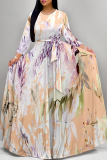 Brown Gradient Floral Print V Neck 3/4 Sleeve Lace Up Summer Outings Vacation Plus Size Loose Maxi Dress