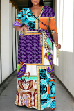 Black Graffiti Print V Neck 3/4 Sleeve Lace Up Casual Outing Plus Size Straight Loose Maxi Dresses