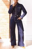 Dark Blue Mid Waist Casual Straight Wide Leg Denim Jeans
