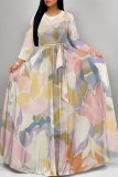 Brown Gradient Floral Print V Neck 3/4 Sleeve Lace Up Summer Outings Vacation Plus Size Loose Maxi Dress