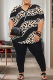 Dark Apricot Print V Neck Short Sleeve Oversize T-shirt And Skinny Pants Casual Plus Size Two Pieces Trouser Set