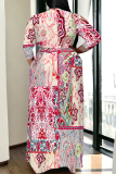 Black Graffiti Print V Neck 3/4 Sleeve Lace Up Casual Outing Plus Size Straight Loose Maxi Dresses