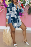 Dark Blue Graphcis Print Shirt Collar Long Sleeve Buttons Slit Casual Vacation Shirt Tops