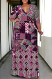 Black Graffiti Print V Neck 3/4 Sleeve Lace Up Casual Outing Plus Size Straight Loose Maxi Dresses