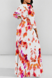 Brown Gradient Floral Print V Neck 3/4 Sleeve Lace Up Summer Outings Vacation Plus Size Loose Maxi Dress