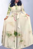 Brown Gradient Floral Print V Neck 3/4 Sleeve Lace Up Summer Outings Vacation Plus Size Loose Maxi Dress