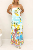Light Blue Fruit Print Sleeveless Square Neck Lace Up Vacation Loose Maxi Slip Dresses