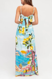 Light Blue Fruit Print Sleeveless Square Neck Lace Up Vacation Loose Maxi Slip Dresses