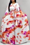 Brown Gradient Floral Print V Neck 3/4 Sleeve Lace Up Summer Outings Vacation Plus Size Loose Maxi Dress