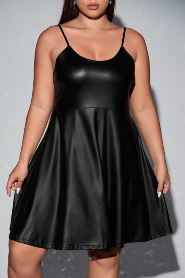 Black Backless Sleeveless Spaghetti Strap Casual Plus Size A Line Midi Slip Dresses