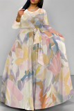 Brown Gradient Floral Print V Neck 3/4 Sleeve Lace Up Summer Outings Vacation Plus Size Loose Maxi Dress