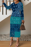 Orange Geometric Print O Neck Long Sleeve Formal Office Casual Outing Bodycon Maxi Dresses