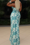 Green Floral Print Flower Shape Decor Sleeveless Vacation Halter Maxi Dresses