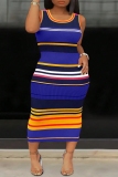 Red Striped Print Sleeveless O Neck Long Casual Vacation Plus Size Bodycon Maxi Tank Dresses