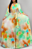 Brown Gradient Floral Print V Neck 3/4 Sleeve Lace Up Summer Outings Vacation Plus Size Loose Maxi Dress