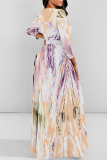 Brown Gradient Floral Print V Neck 3/4 Sleeve Lace Up Summer Outings Vacation Plus Size Loose Maxi Dress