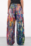 Color Splashed ink Print Mid Waist Straight Casual Wide Leg Denim Jeans