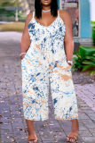 Apricot Graphics Print Backless Sleeveless Spaghetti Strap Casual Cami Wide Leg Jumpsuits