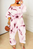 Pink Graphics Print Off Shoulder Long Sleeve Casual Vacation Harem Leg Jumpsuits