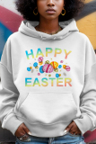 White Orange Letter Print Draw String Hooded Collar Long Sleeve Fall Winter Sweatshirts Tops