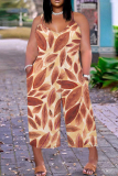 Apricot Graphics Print Backless Sleeveless Spaghetti Strap Casual Cami Wide Leg Jumpsuits