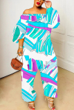 Pink Graphics Print Off Shoulder Long Sleeve Casual Vacation Harem Leg Jumpsuits