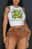 Light Green Letter Shamrock Four Leaf Clover Print Sleeveless O Neck Casual Tank Crop Tops