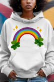 Orange Green Letter Shamrock Four Leaf Clover Print Draw String Hooded Collar Long Sleeve Fall Winter Sweatshirts Tops