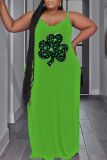 Green Shamrock Four Leaf Clover Print Sleeveless Backless Spaghetti Strap Floor Length Casual Maxi Slip Dresses