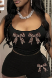 Black Graphcis Print Sleeveless Spaghetti Strap Cami Crop Tops And Shorts Two Pieces Shorts Sets