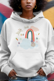 White Orange Letter Print Draw String Hooded Collar Long Sleeve Fall Winter Sweatshirts Tops