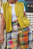 Lemon Yellow V Neck Sleeveless Casual Pocket Buttons Knitted Vest