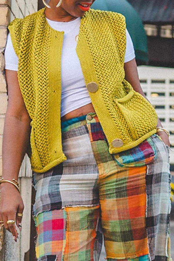 Lemon Yellow V Neck Sleeveless Casual Pocket Buttons Knitted Vest