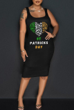 Black Green Letter Shamrock Four Leaf Clover Print U Neck Sleeveless Vest Casual Bodycon Midi Tank Dresses
