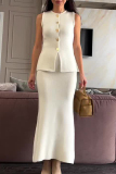 White Sleeveless O Neck Buttons Tank And Maxi Skirt Vacation Two Pieces Dress Sets