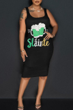 Black Green Letter Shamrock Four Leaf Clover Print U Neck Sleeveless Vest Casual Bodycon Midi Tank Dresses